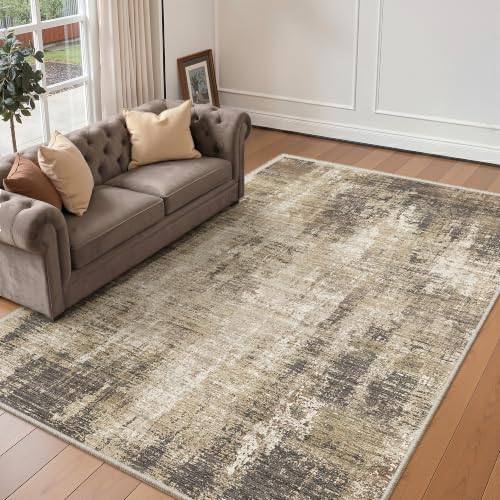 Valenrug 5x8 Area Rug, Abstract Large Washable Rugs for Living Room, Taupe