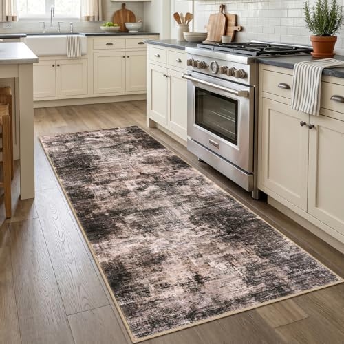 IOHOUZE Abstract Runner Rug 3x7 Ft Washable Runners for Hallways, Non Slip Kitchen Runner Printed Faux Wool Entryway Runner Indoor, Modern Abstract Floor Carpet for Hall Kitchen Bedroom, Brown/Rust