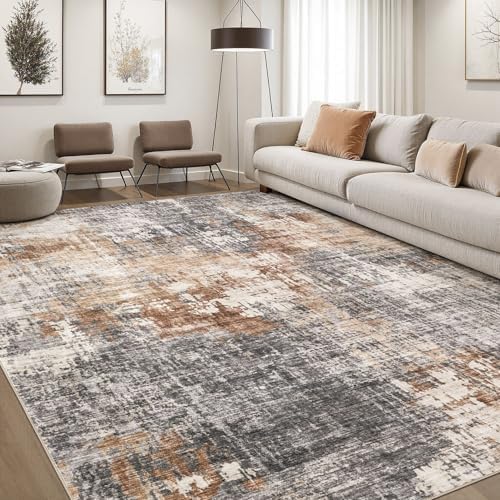 DMOYEST Area Rug Living Room Rugs - 10x14 Washable Large Soft Indoor Neutral Modern Abstract Low Pile Rug Carpet for Bedroom Dining Room Farmhouse Home Office - Grey Brown