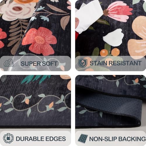 Washable 2'6" x 8' Runners for Hallways, Non Slip Long Floor Runner for Kitchen, Entryway Indoor, Stain Resistant Rubber Backing Floral Décor Rug (Black)