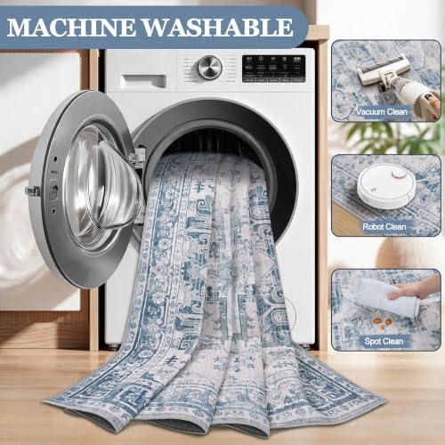 6x9 Washable Area Rugs for Living Room Blue Grey Non-Slip Rug