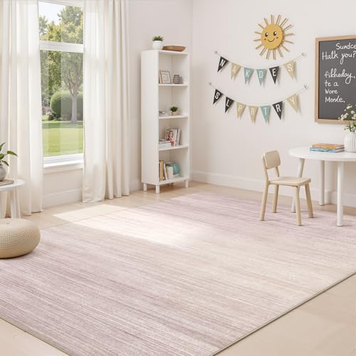 UERMEI 5x7 Washable Area Rug - Neutral Modern Abstract Living Room Rugs, Non-Slip Soft Large Indoor Floor Carpet for Bedroom Home Office & Under Dining Table Decor, Soft Pink