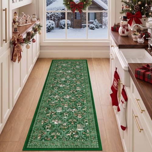 2x6 Christmas Runner Rug for Hallway,Washable Kitchen Rugs,Green