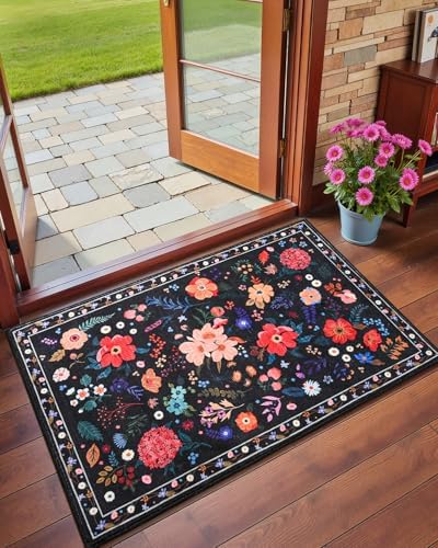 Macgace Floral Area Rug for Entryway, Washable 2x3 Black Small Rugs