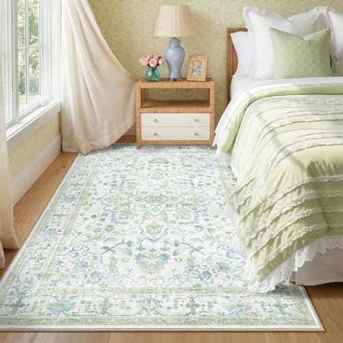 CAPALOCA 5x7 Washable Nursery Girls Low Pile Area Rug Green Blue