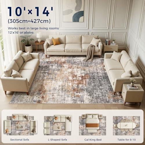 DMOYEST Area Rug Living Room Rugs - 10x14 Washable Large Soft Indoor Neutral Modern Abstract Low Pile Rug Carpet for Bedroom Dining Room Farmhouse Home Office - Grey Brown
