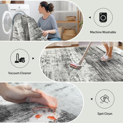 2'6''x8' Runner Rugs Washable Rug:Modern Abstract Hallway Black Grey Carpet