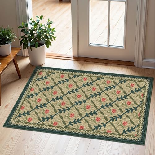 Front Door Mat Outside Entrance, 2x3 Green Brown Floral Trellis Rug