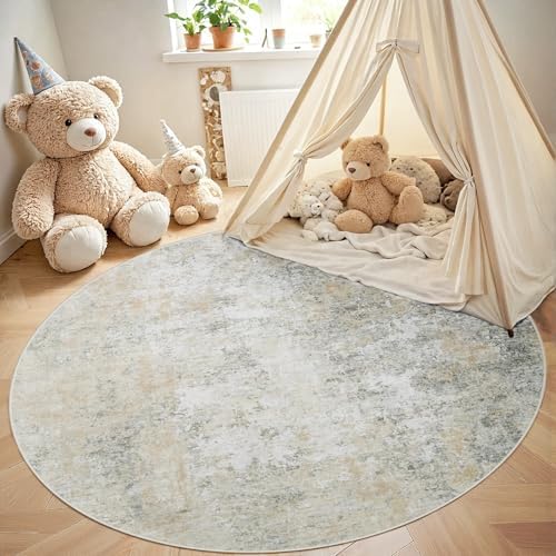 Aelenmu Round Rug 6ft Washable Rug for Dining Room Living Room Beige Grey
