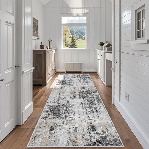 Runner Rugs for Hallways Kitchen 2.6x8 Non Slip Washable Black Grey Gold