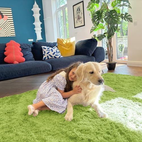 OLANLY 8x10 Machine Washable Large Area Rugs for Living Room, Bedroom, Soft Fluffy Shaggy Bedside Rug, Indoor Floor Carpet for Kids Girls and Boys, Dorms, Nursery, Home Decor Aesthetic, Grass Green