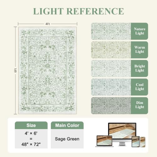 DUKINO 4x6 Rug for Living Room, Washable Vintage Floral Area Rug Sage Green