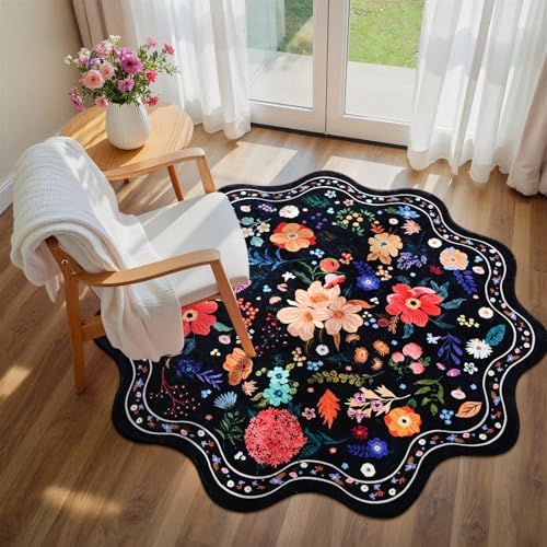 Macgace Floral Round Rug for Girls Bedroom, Washable 4ft Black Area Rugs