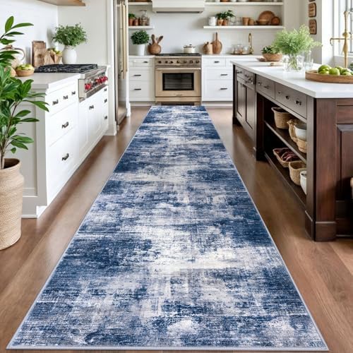 IOHOUZE Abstract Runner Rug 3x16 Ft Washable Runners for Hallways, Non Slip Kitchen Runner Printed Faux Wool Entryway Runner Indoor, Modern Abstract Floor Carpet for Hall Stair, Navy/Grey