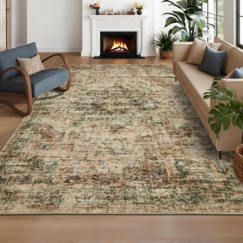 GarveeHome Vintage Area Rug 4x6 Washable Rugs for Living Room Rust/Green