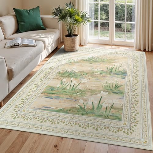 Lessymo 5 x 7 Washable Area Rugs for Living Room,Soft Non Slip Beige Sage