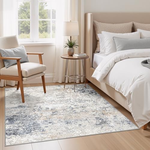 DMOYEST Square Area Rug Living Room Rugs - 6x6 Washable Large Soft Indoor Neutral Modern Abstract Low Pile Rug Carpet for Bedroom Dining Room Farmhouse Home Office - Beige Blue