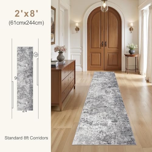 UERMEI 2x8 Washable Runner Rug for Hallway, Non Slip Low Pile Kitchen Carpet, Neutral Modern Abstract Indoor Floor Mat for Entryway Laundry, Kid & Pet Safe High Traffic Area, Grey
