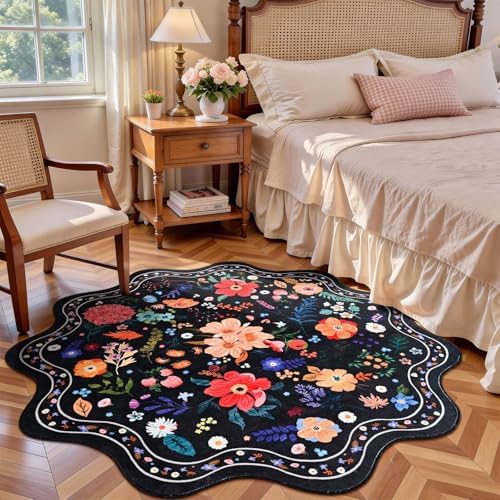 Macgace Floral Round Rug for Girls Bedroom, Washable 5ft Black Area Rugs