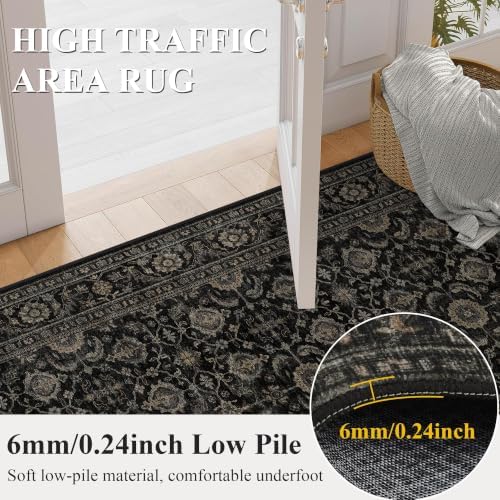 JOOJA 4x6 Black Gold Vintage Boho Soft Low Pile Indoor Washable Area Rug
