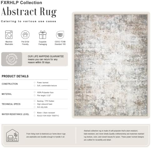 9x12 Area Rug Living Room Rug: Washable Modern Abstract Soft Thin Rug Indoor Floor No Slip Stain Resistant Carpet for Bedroom Dining Room Farmhouse Nursery Home Office - Brown Grey