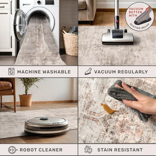 Washable 4x6 Area Rug for Entryway Indoor, Living Room, Kitchen, Bedroom Bedside - Stain-Resistant Non-Slip with Rubber Backing, Unique Floral Aesthetic Décor, Light Brown & Beige, Distressed Design
