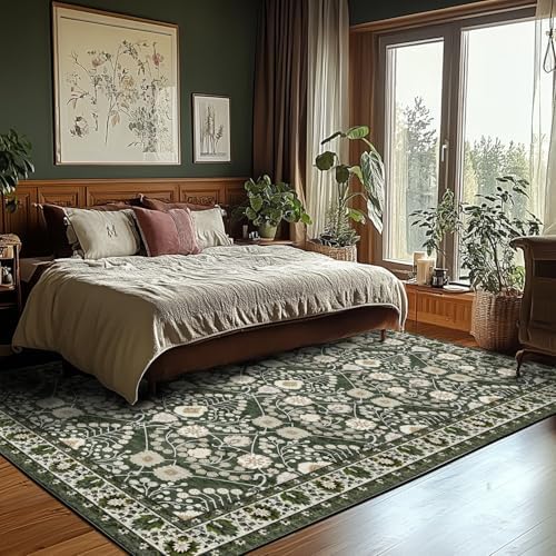 Large Living Room Rug Dark Green Area Rugs Floral Machine Washable,6x9 Boho Area Rug TPR Non Slip Carpet Stain Resistant Rugs for Bedroom,Kids,Dining Room,Oriental Rug