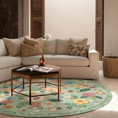 4ft Washable Round Rugs for Bedroom: Circle Living Room Rug Vintage Non Slip Low Pile Soft Faux Wool Non Shedding Small Circular Rug for Kitchen Entryway Bathroom Bedside Office CollegeDorm Kids Room