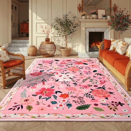 Macgace Floral Area Rug for Living Room, Machine Washable 5x7 Pink Rugs