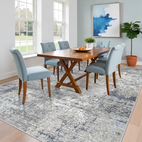 7x10 Rug for Living Room Washable – Non-Slip Soft Carpet for Bedroom Dining Room,Modern Neutral Abstract Low Pile Stain-Resistant Area Rug(Blue Grey,7x10)