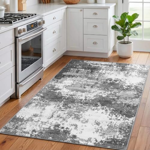 3x4 Washable Porch Rug Grey Front Door Welcome Mat 36x48, Indoor Outdoor Entryway Rugs for Kitchen Floor, Bath, Bedroom Bedside, Non-Slip Low Pile Stain & Fade Resistant, Abstract Gray