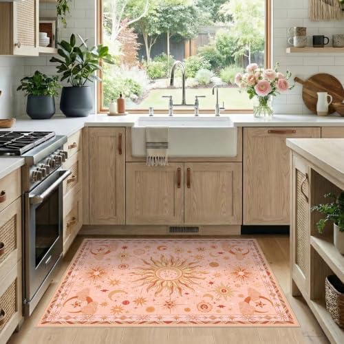 Vacuum-Friendly, 2x3 Washable Area Rug, Pink Gold Beige Red