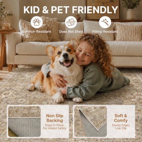 5x7 Area Rug for Living Room Vintage Neutral Washable Rugs