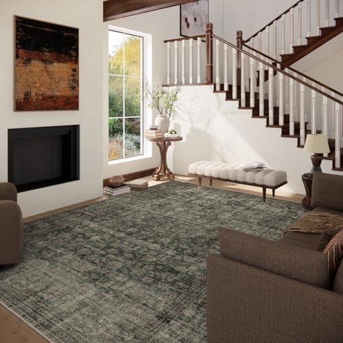 Washable Living Room Area Rug: 10x14 Rugs for Bedroom Vintage Stain Resistant Non Slip Low Pile Large Boho Carpet for Kitchen Dining Room Farmhouse Kids Room Nursery