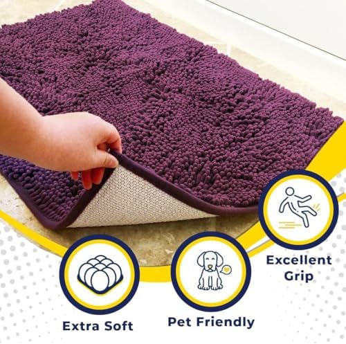 Muddy Mat® | Super Water Absorbent Door Mat Indoor, Microfiber Quick Dry Chenille Entryway Rug, Slip Resistant Front Door Mat, Indoor Mats for Entryway, Machine Washable Pet Rug, Dark Purple 19"x30"