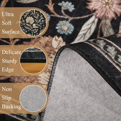 DUKINO 2x10 Runner Rug for Hallway, Washable Vintage Floral Rug, Black