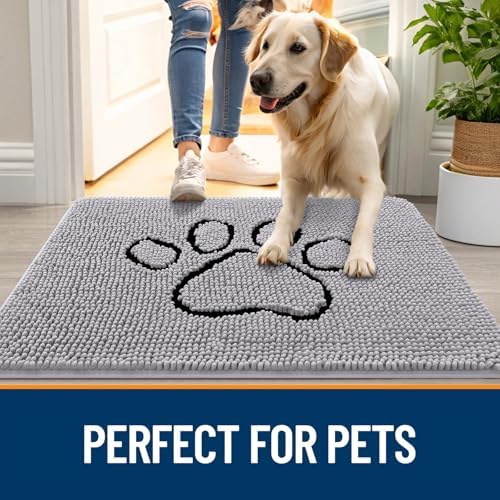 OLANLY Dog Door Mat for Muddy Paws 48x30, Paw Print Design Chenille Mud Mat