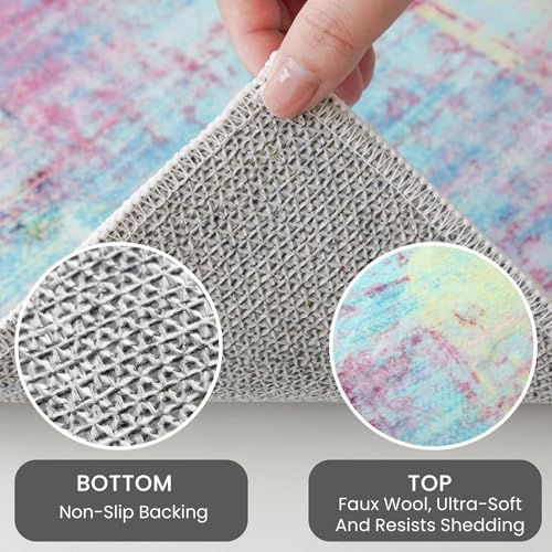 IOHOUZE Abstract Area Rug 4x5 Ft Washable Rugs for Entryway Indoor, Non Slip Small Living Room Rugs Printed Faux Wool Throw Rug, Floor Carpet for Kitchen Nursery Playroom, Pink Teal