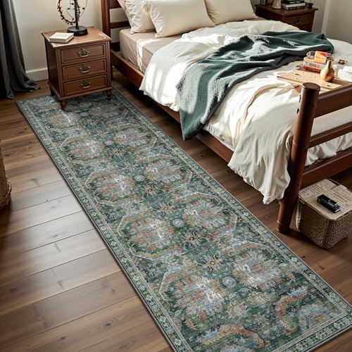 2x8 Hallway Runner Rug, Washable Vintage Retro Long Runner Rugs for Kitchen Laundry, Soft Ultra Thin Non Slip Low Pile Traditional Area Carpet for Bedroom Bathroom Indoor, Green