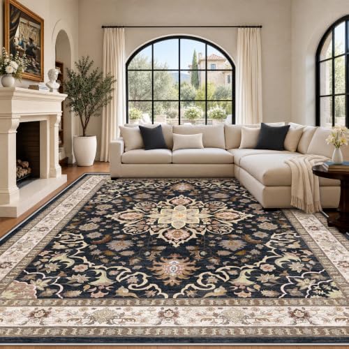 9x12 Area Rugs for Living Room: Washable Large Vintage Floral Rug Low Pile Non-Slip Boho Carpet for Bedroom Dining Home Office (Black, 9'x12')