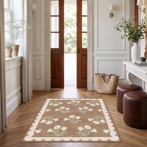 3x4 Floral Entry Rug - Small Washable Indoor Outdoor Mats for Front Door Non-Slip Porch Rug Tan Boho Neutral Farmhouse Throw Rugs for Living Room Bedroom Entryway Kitchen Office Porch Decor