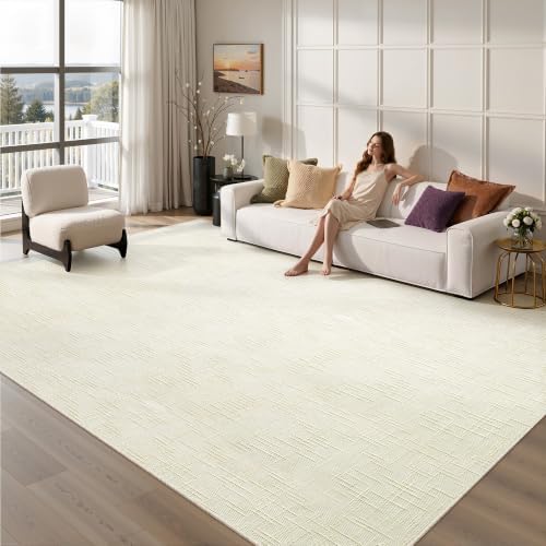 Valenrug 8x10 Area Rugs for Living Room, High-Low Pile Washable Rug, Ivory