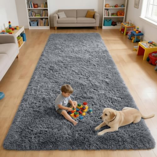 OLANLY 4x7 Area Rugs for Living Room Bedroom, Machine Washable Soft Fluffy Shaggy Bedside Rug, Indoor Floor Carpet for Kids Girls and Boys, Dorms, Nursery Rooms, Home Decor Aesthetic, Grey