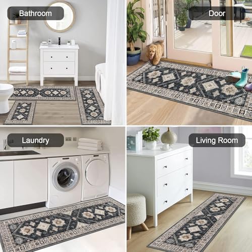 HEBE Boho Kitchen Rugs Set of 3, Non Slip Washable Kitchen Mats for Floor