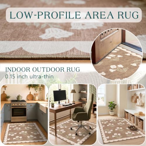3x4 Floral Entry Rug - Small Washable Indoor Outdoor Mats for Front Door Non-Slip Porch Rug Tan Boho Neutral Farmhouse Throw Rugs for Living Room Bedroom Entryway Kitchen Office Porch Decor