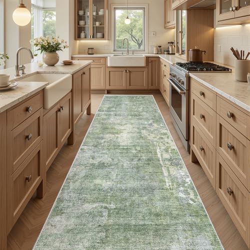 Soalmost Runner Rug 2'6"x8' Kitchen Hallway Runners Abstract Green/Ivory