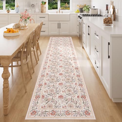 DUKINO 2.6x8 Runner Rug, Washable Vintage Floral Kitchen Runners Beige Pink