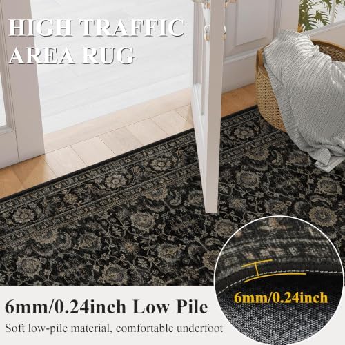 JOOJA 8x10 Black Gold Vintage Soft Low Pile Non Slip Boho Washable Area Rug