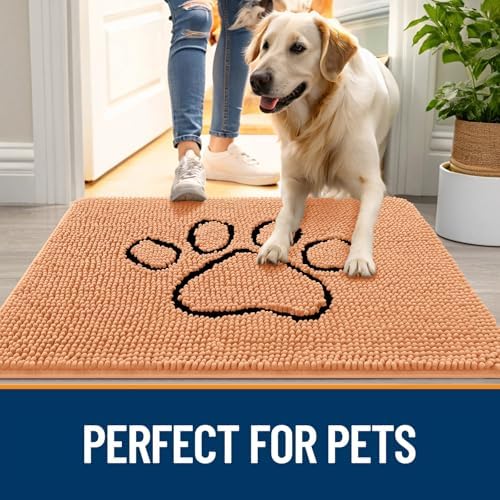 OLANLY Dog Door Mat for Muddy Paws 48x30, Paw Print Design Chenille Mud Mat