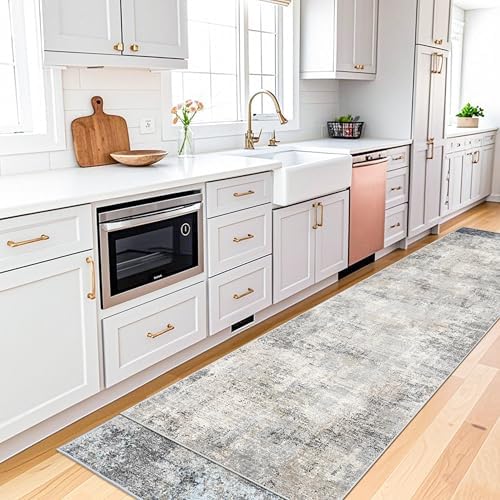 3x10 ft Long Hallway Runner Rug – Non-Slip Washable Kitchen Floor Rug with Rubber Backing, Modern Low Pile Thin Wide Carpet Runners for Bedroom, Entryway Indoor（Gray Beige,3x10）